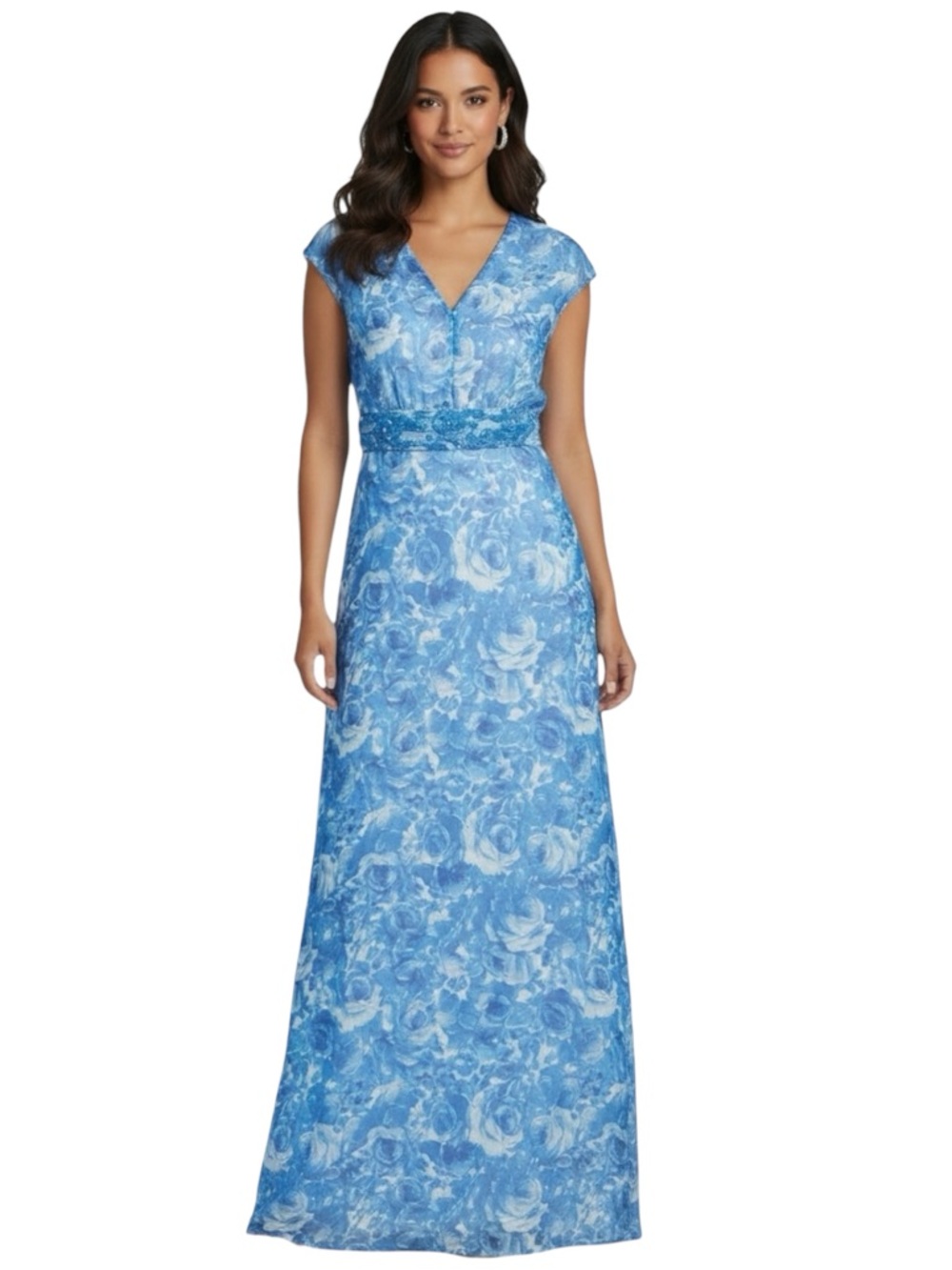NWT SACHIN + BABI Blue & White Floral Short Sleeve V-Neck Dress Gown Size 4 - Picture 2 of 5